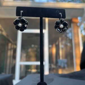Black Flower Earrings with Pearl Center | Vintage Style Drop Dangles